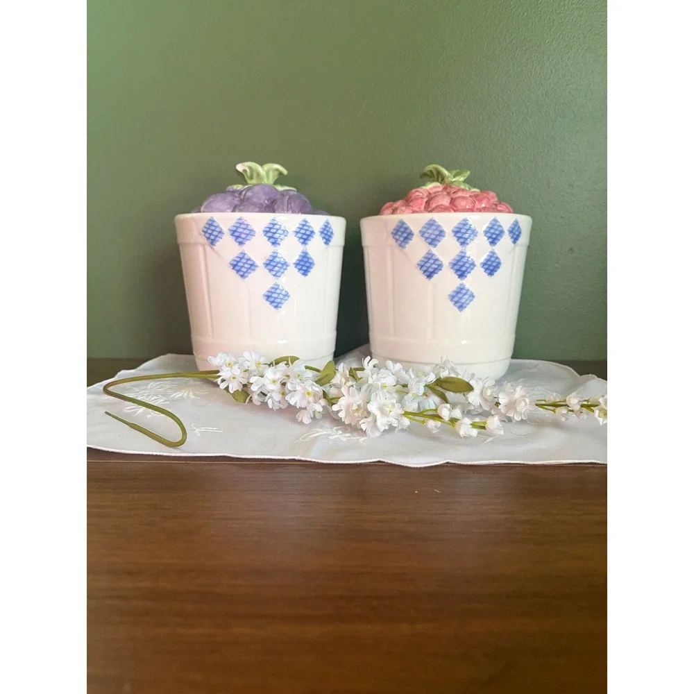 Vintage‎ Treasure Craft Ceramic Fruit Canister Set Plums and Cherries